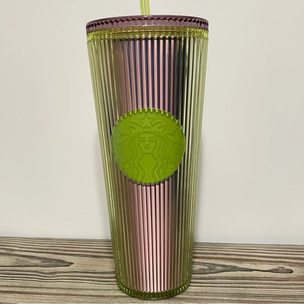 Starbucks Venti Tumbler Iridescent Green Siren Logo Cold Drinks with Straw NEW